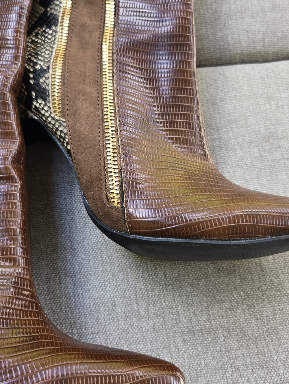 Shoe Dazzle Kioni Brown Snakeskin-Print Knee Boots with Gold Zip - Picture 6 of 16